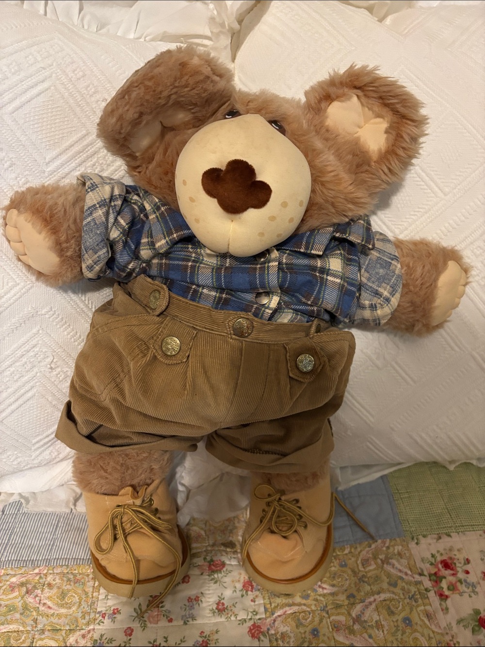 Boone Furskins Plush Brown Bear in Blue Plaid Shirt and Tan Corduroy Pants